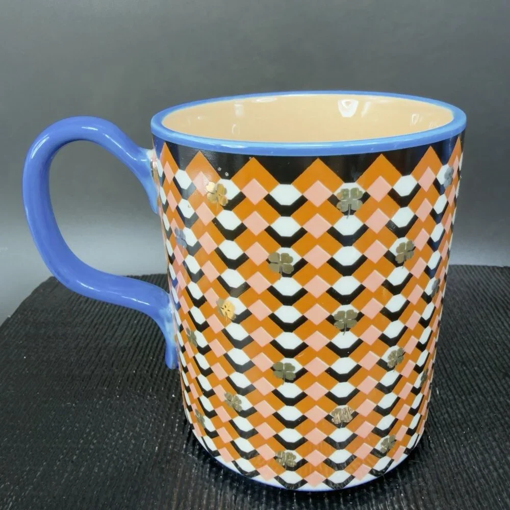 Anthropologie Bistro Tile Ceramic Coffee Mug Cup Monogram Letter S Shamrocks Mug
